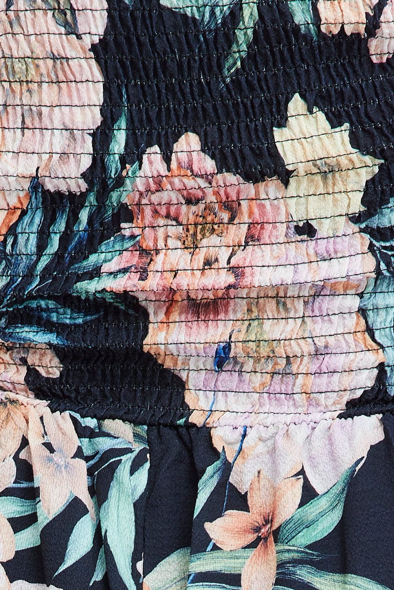 Black Floral Ruched Playsuit Short Sleeve - Image 6