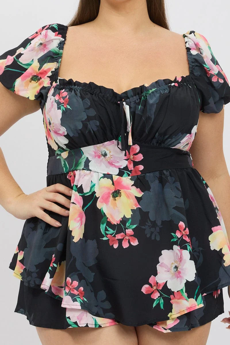Black Floral Ruched Playsuit Short Sleeve - Image 6