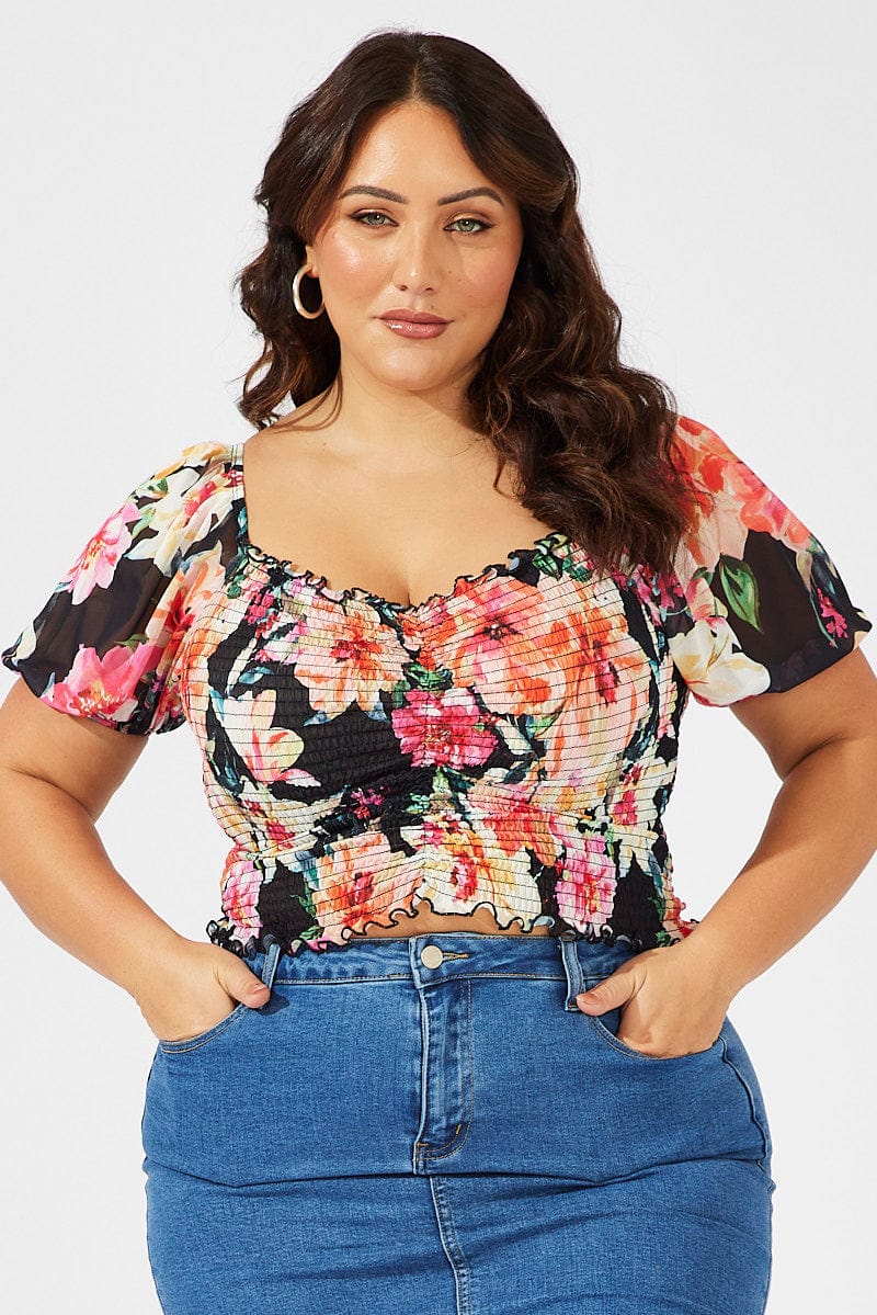 Black Floral Ruched Top Short Sleeve Sweetheart Neck Mesh - Image 3
