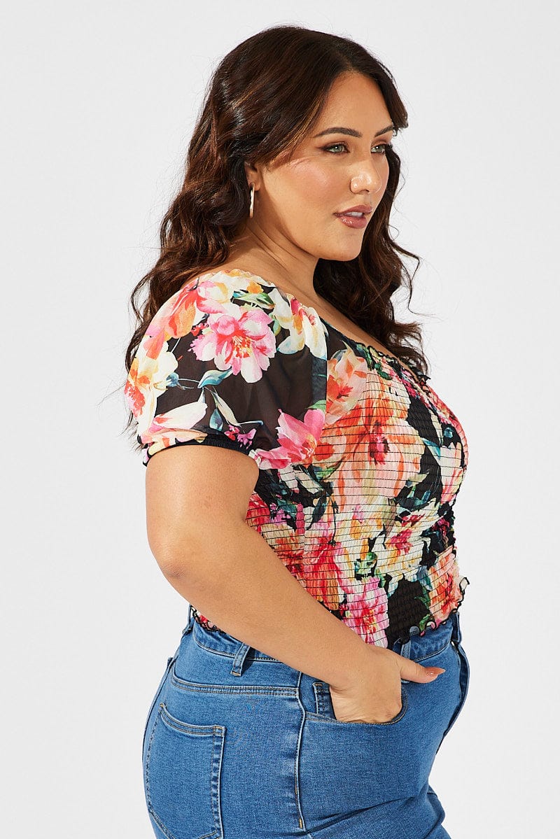 Black Floral Ruched Top Short Sleeve Sweetheart Neck Mesh - Image 4