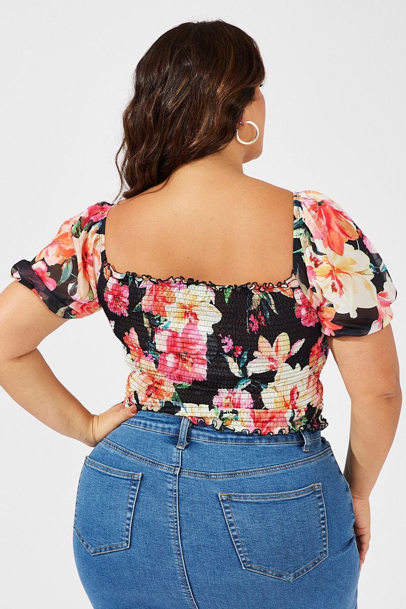 Black Floral Ruched Top Short Sleeve Sweetheart Neck Mesh - Image 5