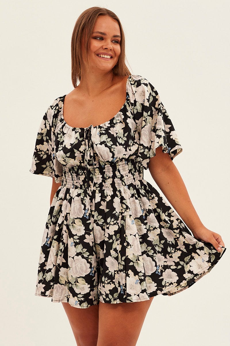 Black Floral Ruffle Playsuit Short Sleeve Gathered Bust