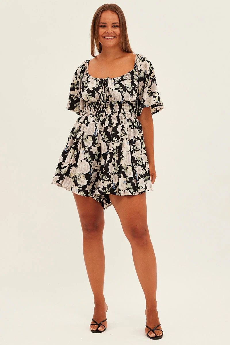 Black Floral Ruffle Playsuit Short Sleeve Gathered Bust - Image 2