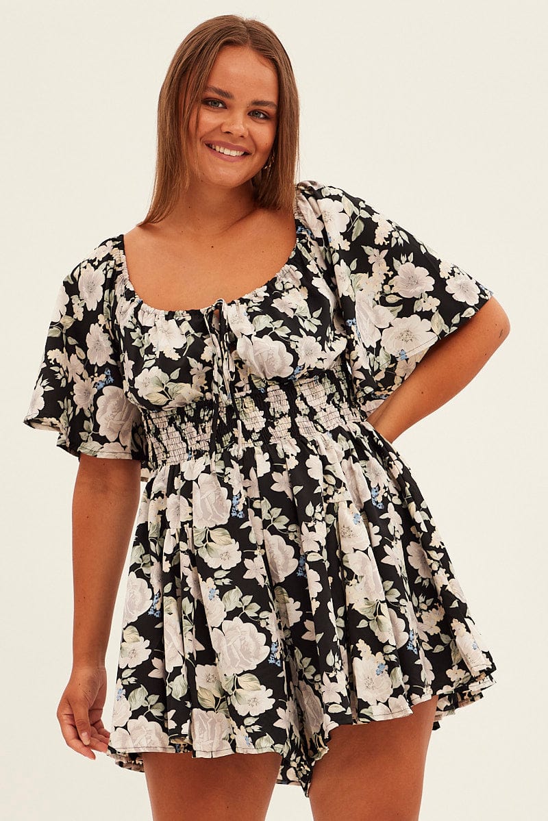 Black Floral Ruffle Playsuit Short Sleeve Gathered Bust - Image 3