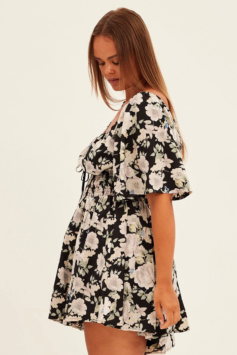 Black Floral Ruffle Playsuit Short Sleeve Gathered Bust - Image 4