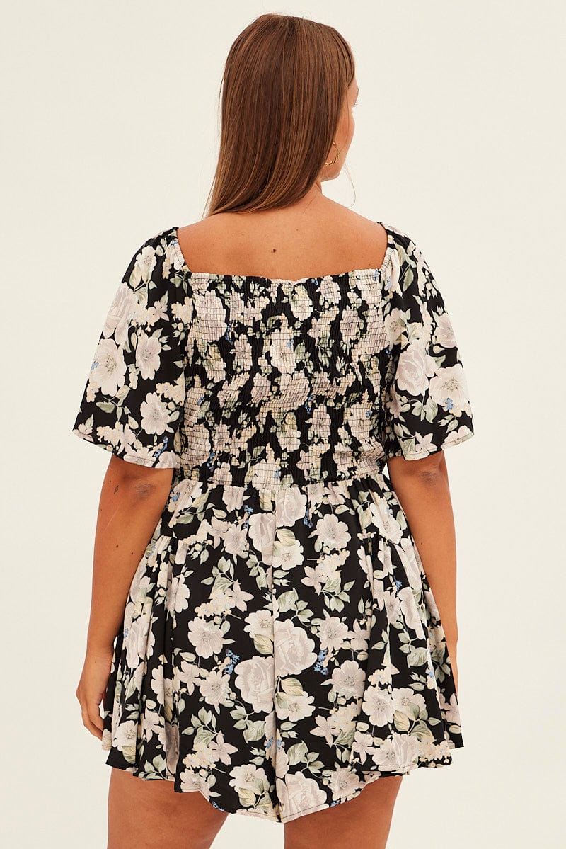 Black Floral Ruffle Playsuit Short Sleeve Gathered Bust - Image 5