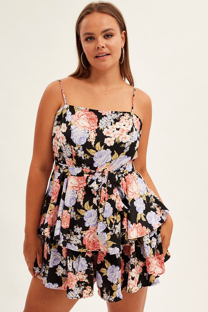 Black Floral Ruffle Playsuit Sleeveless Belted - Image 3