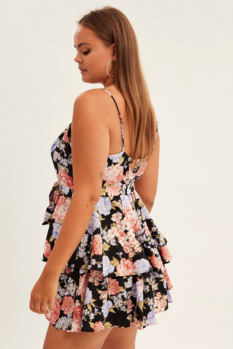 Black Floral Ruffle Playsuit Sleeveless Belted - Image 4