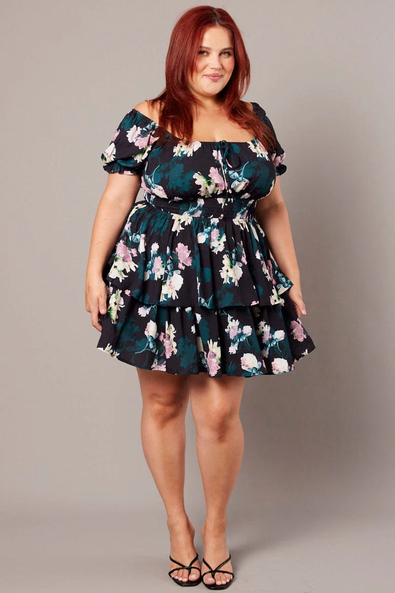 Black Floral Shirred Waist Detail Layer Minidress - Image 2