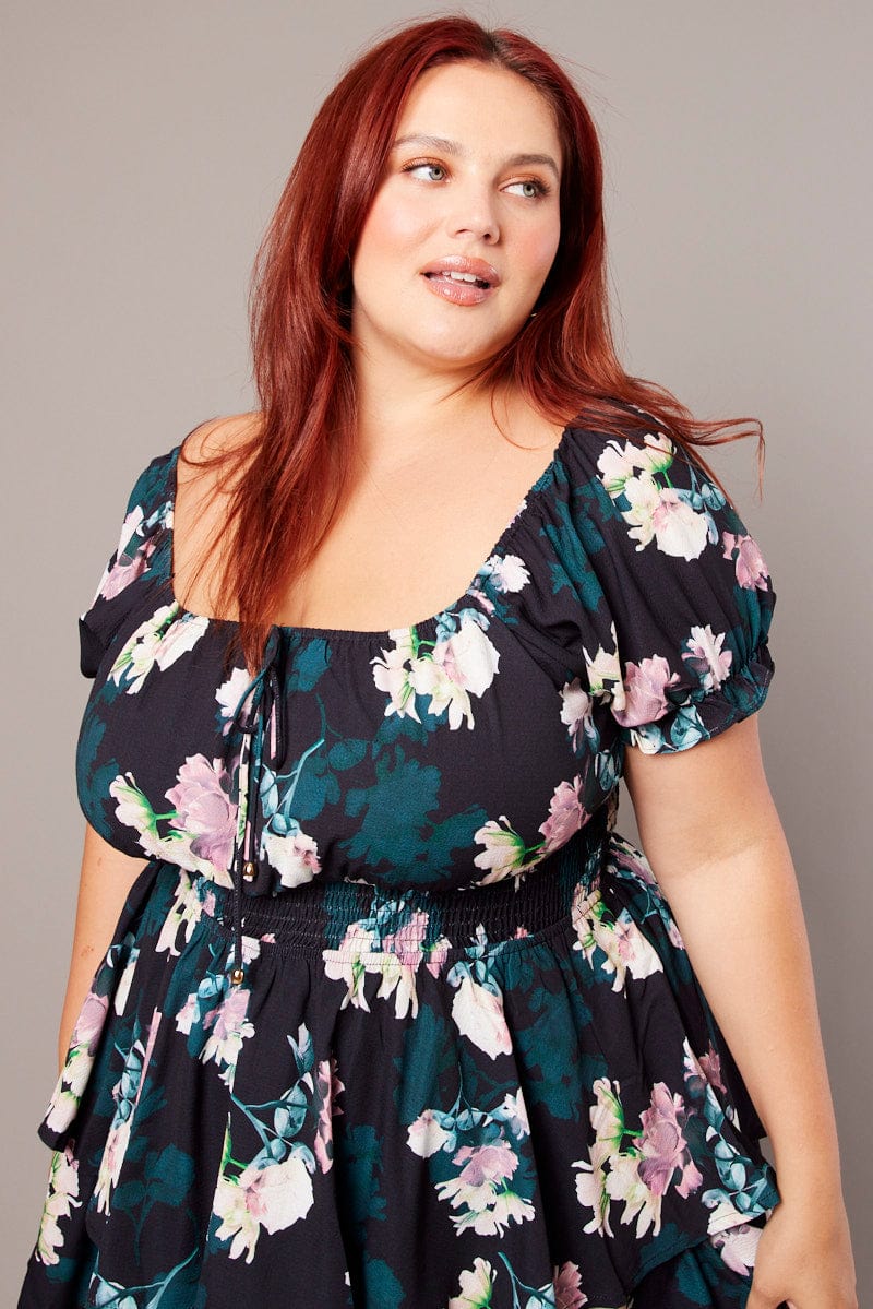 Black Floral Shirred Waist Detail Layer Minidress - Image 3