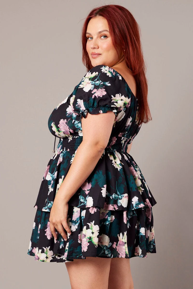 Black Floral Shirred Waist Detail Layer Minidress - Image 4
