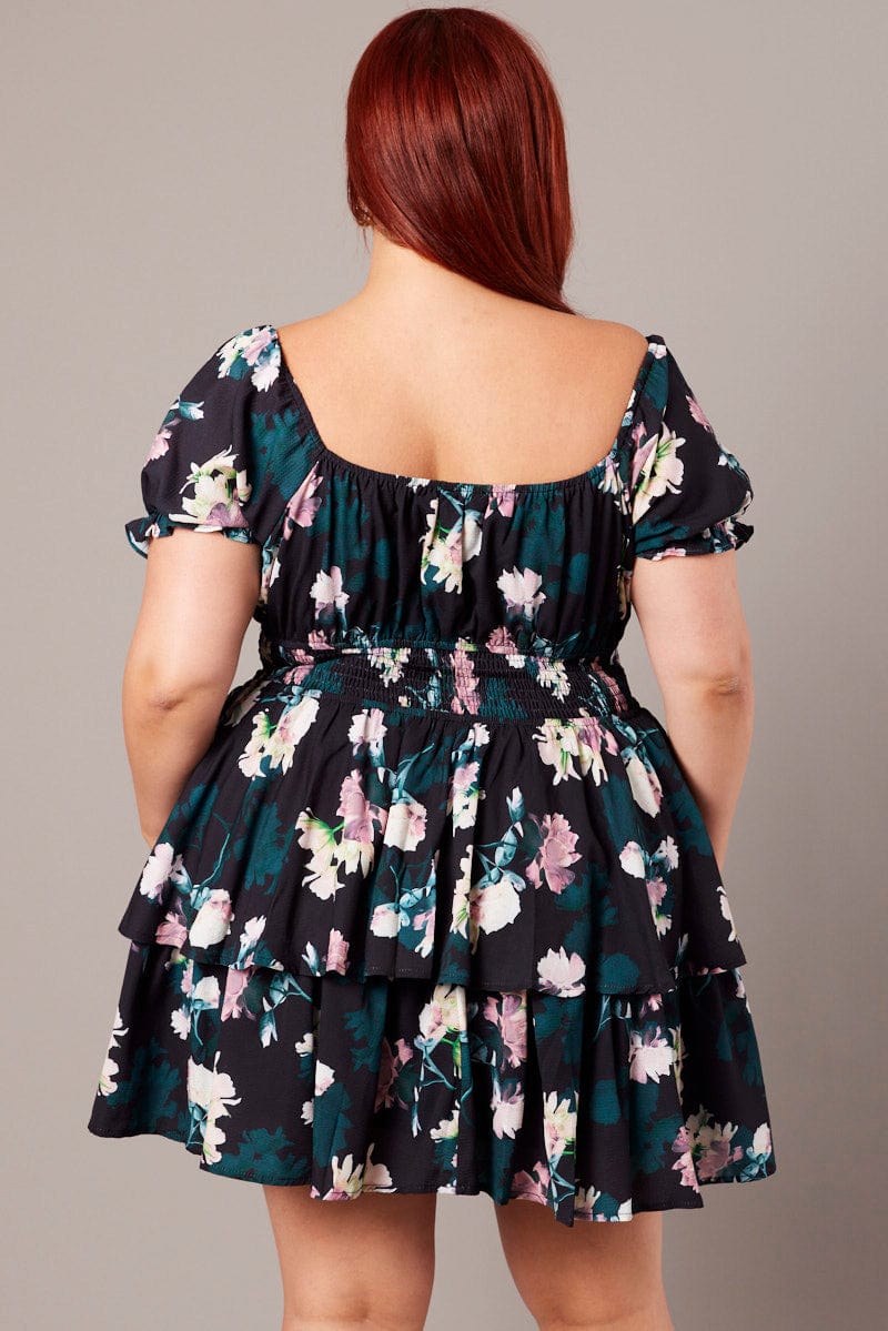 Black Floral Shirred Waist Detail Layer Minidress - Image 5
