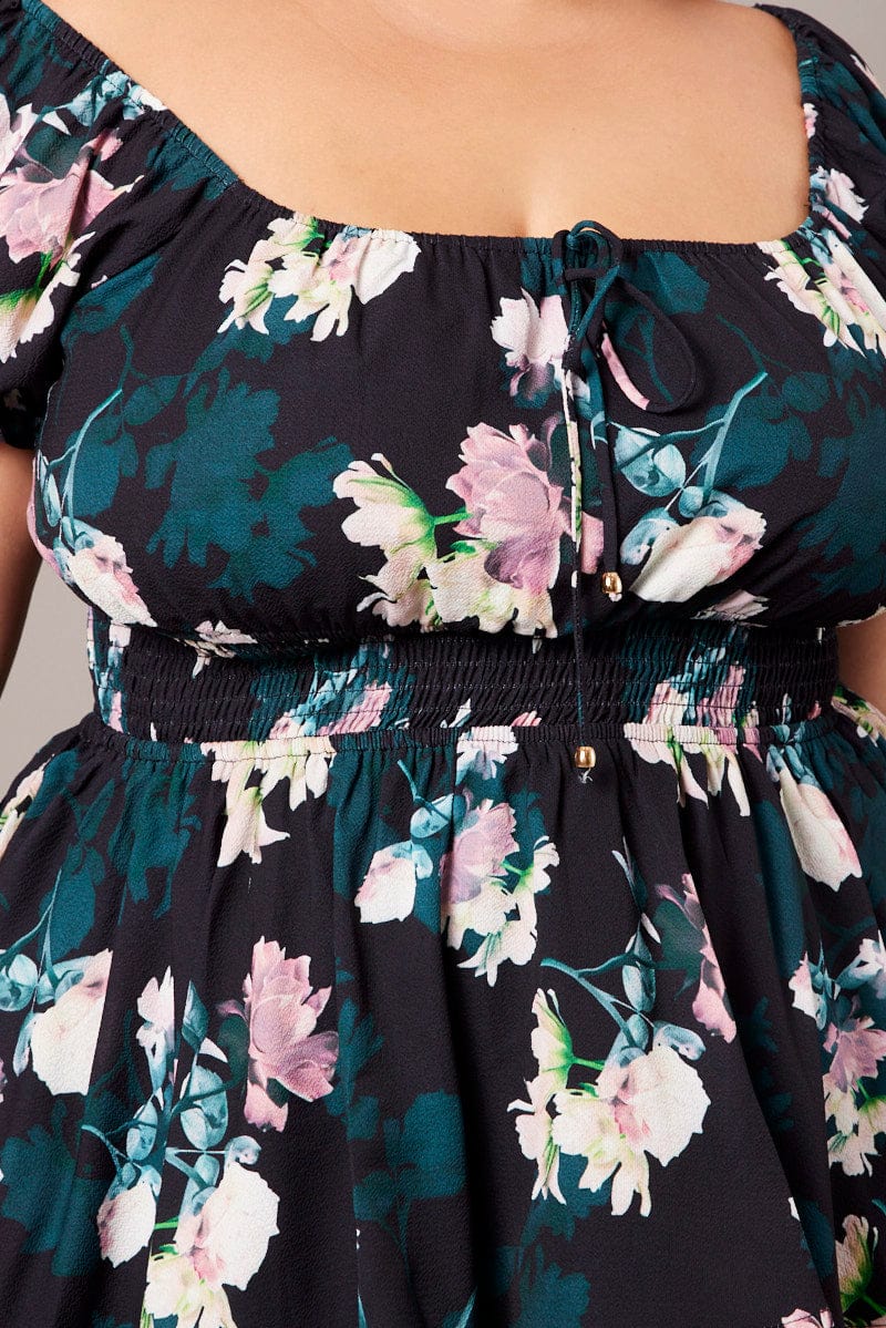 Black Floral Shirred Waist Detail Layer Minidress - Image 6