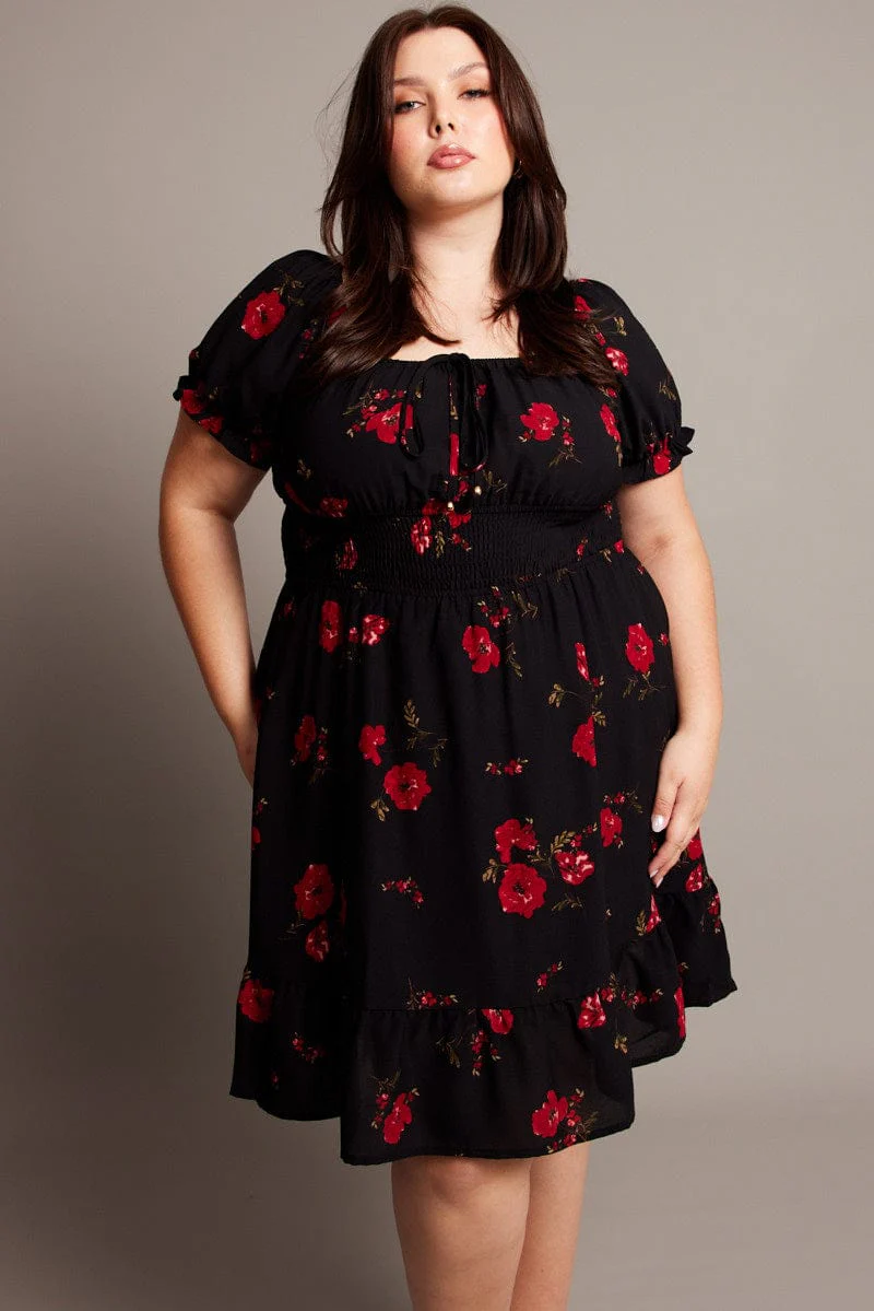 Black Floral Shirred Waist Frill Hem Minidress - Image 3