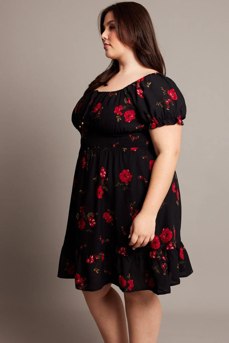 Black Floral Shirred Waist Frill Hem Minidress - Image 4
