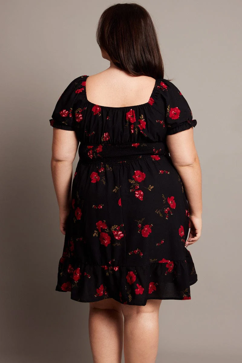 Black Floral Shirred Waist Frill Hem Minidress - Image 5