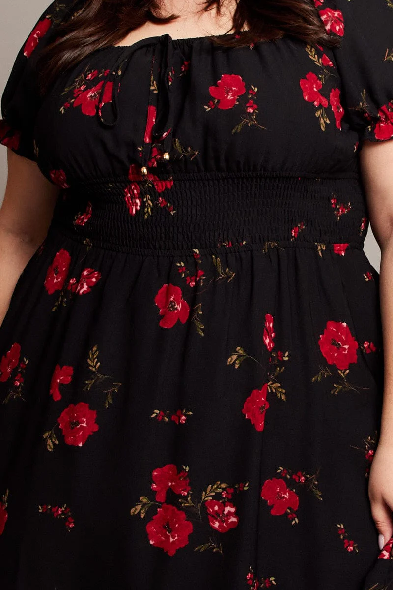 Black Floral Shirred Waist Frill Hem Minidress - Image 6