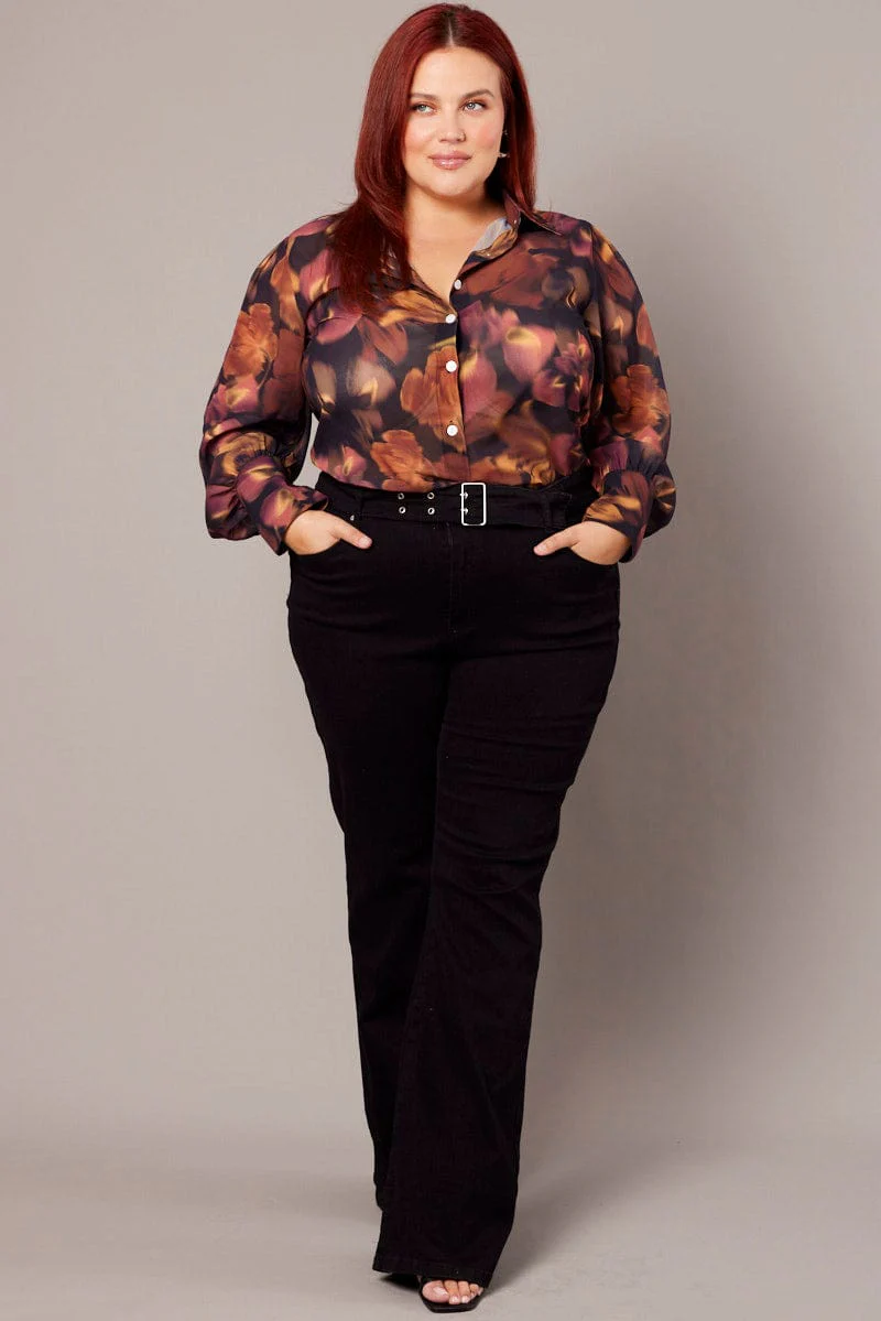 Black Floral Shirt Long Sleeve Chiffon - Image 2