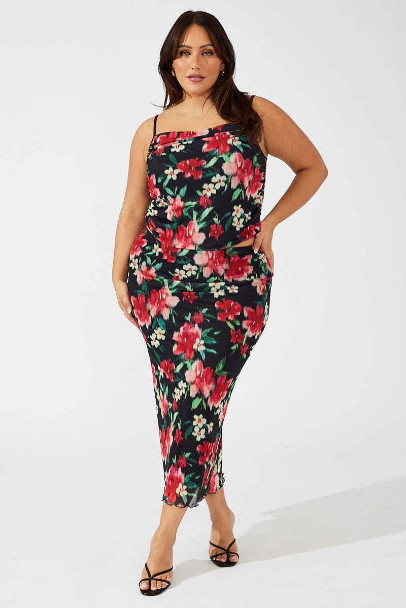 Black Floral Singlet Mesh Top Side Ruched - Image 3