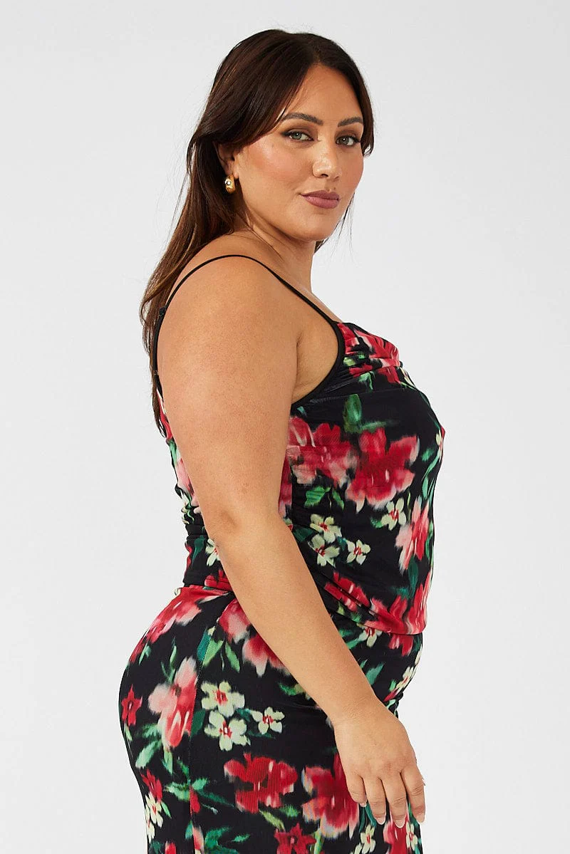 Black Floral Singlet Mesh Top Side Ruched - Image 4