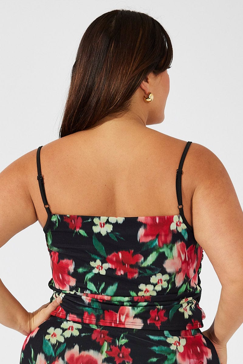 Black Floral Singlet Mesh Top Side Ruched - Image 5