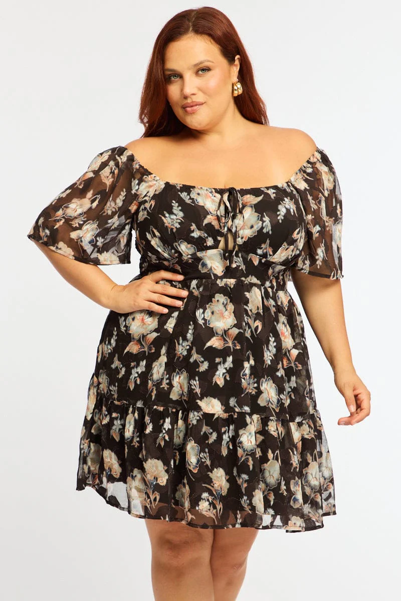 Black Floral Skater Dress Short Sleeve Ruched Bust