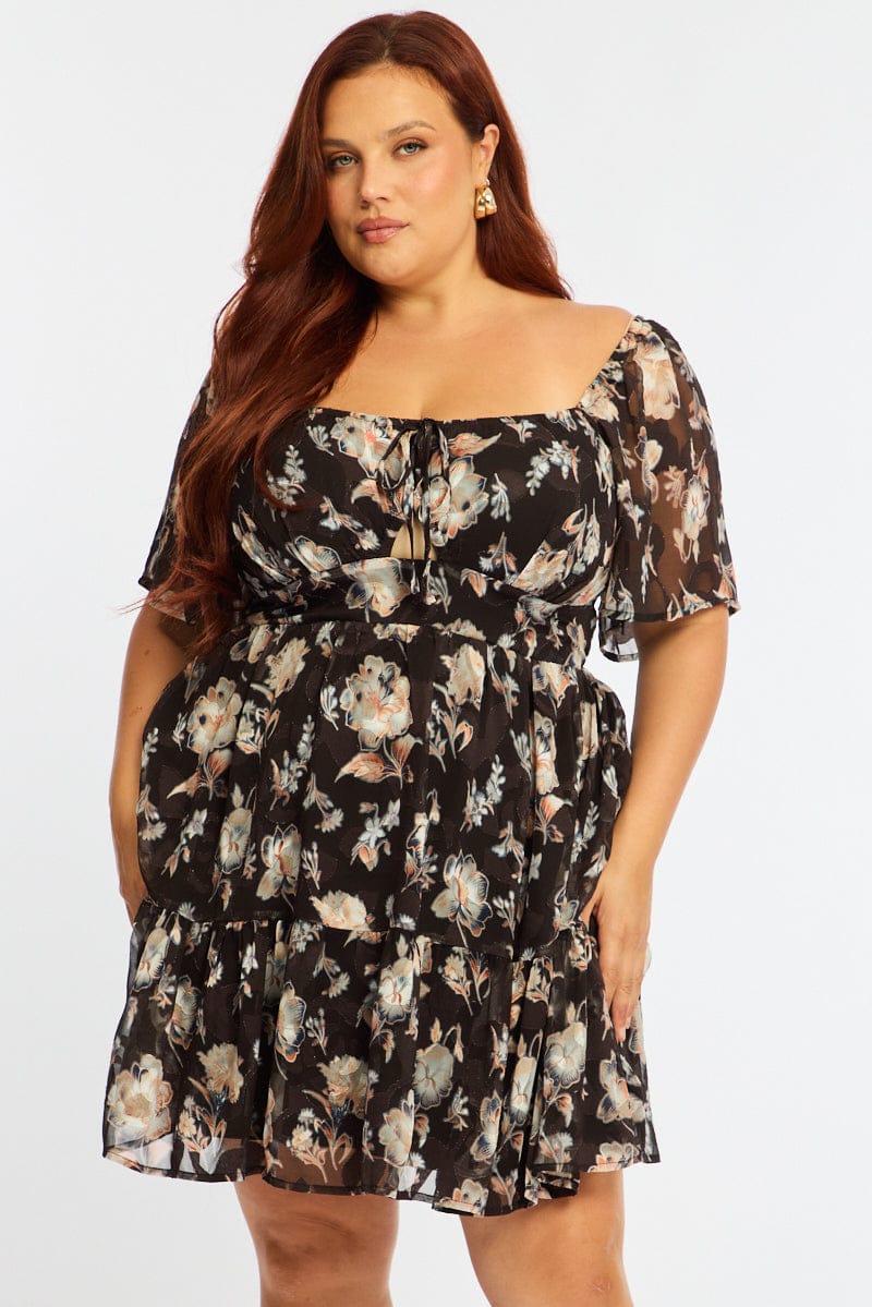Black Floral Skater Dress Short Sleeve Ruched Bust - Image 3