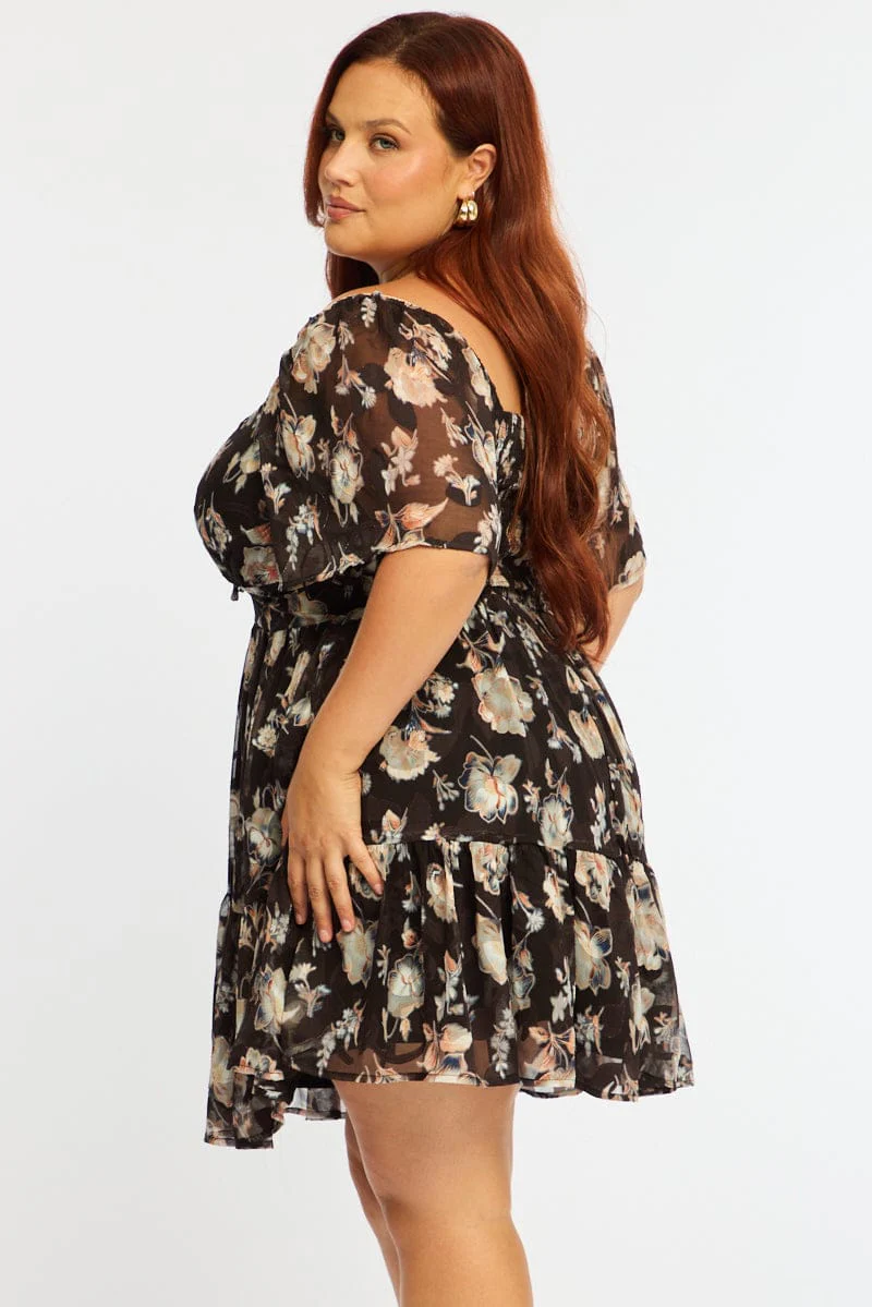 Black Floral Skater Dress Short Sleeve Ruched Bust - Image 4