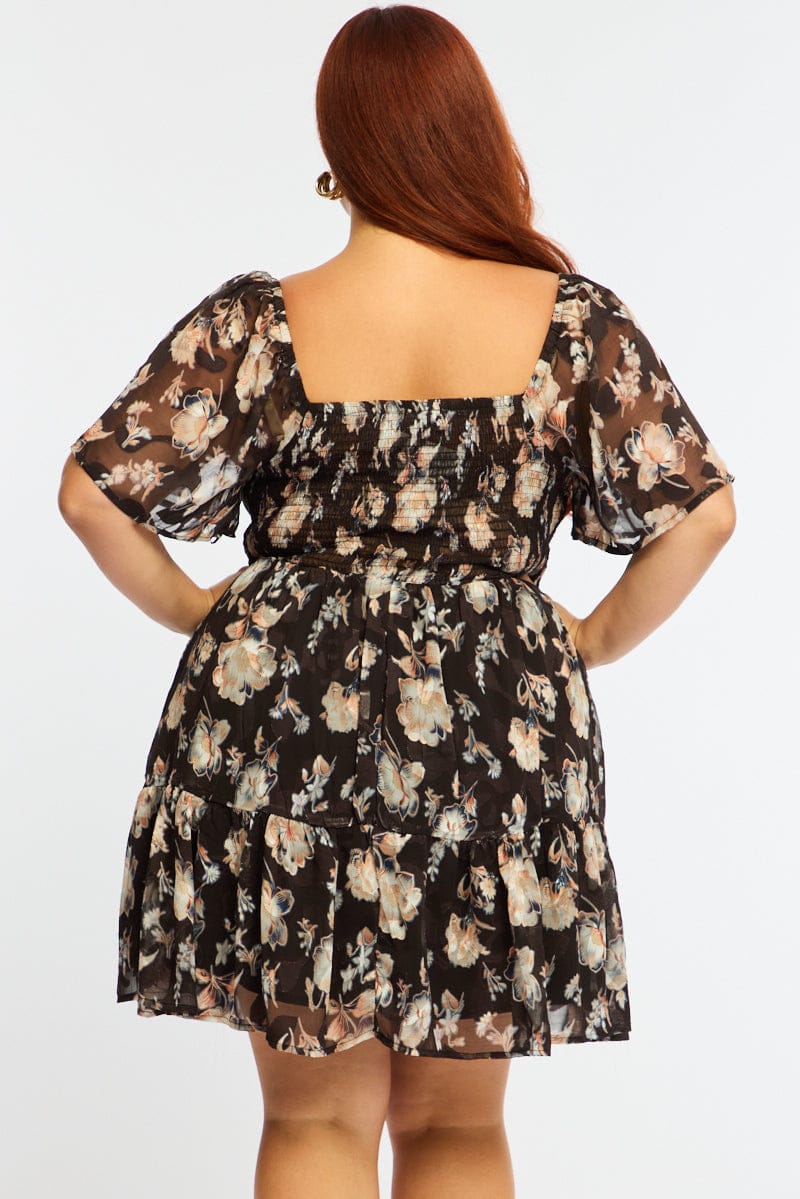 Black Floral Skater Dress Short Sleeve Ruched Bust - Image 5