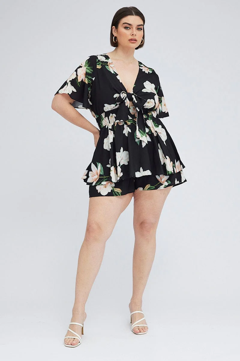 Black Floral Tie Front Playsuit Short Sleeve - Image 2