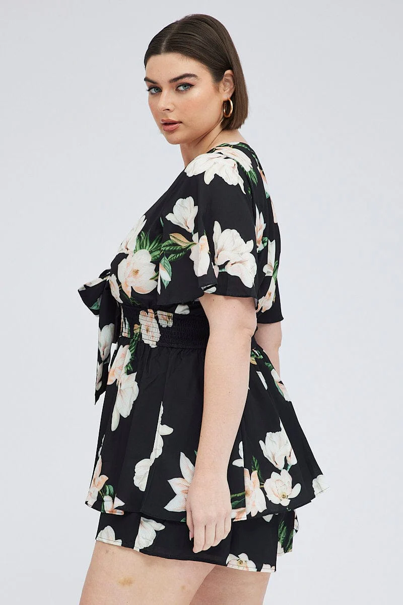 Black Floral Tie Front Playsuit Short Sleeve - Image 4