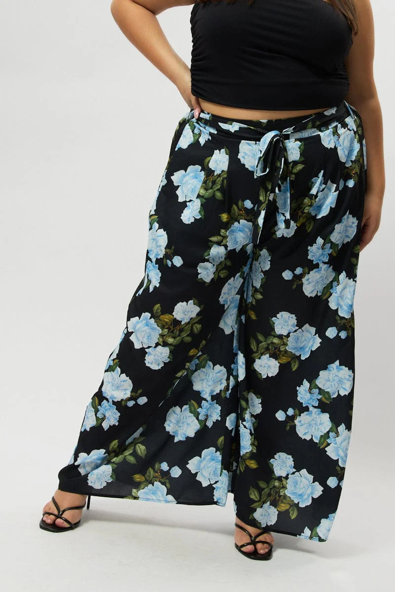 Black Floral Tie Waist Wide Leg Pants