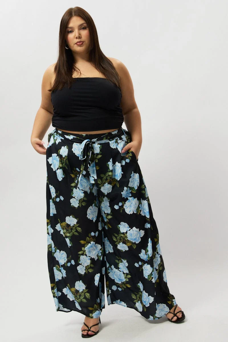 Black Floral Tie Waist Wide Leg Pants - Image 2