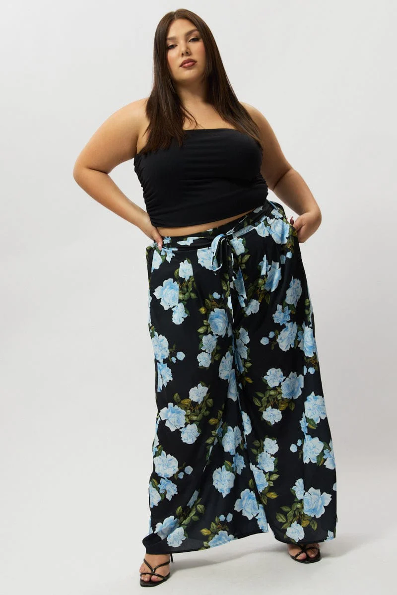 Black Floral Tie Waist Wide Leg Pants - Image 3