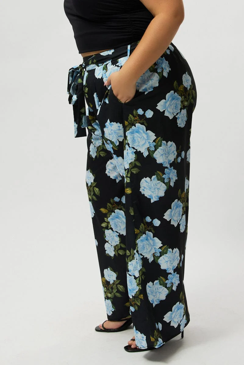 Black Floral Tie Waist Wide Leg Pants - Image 4