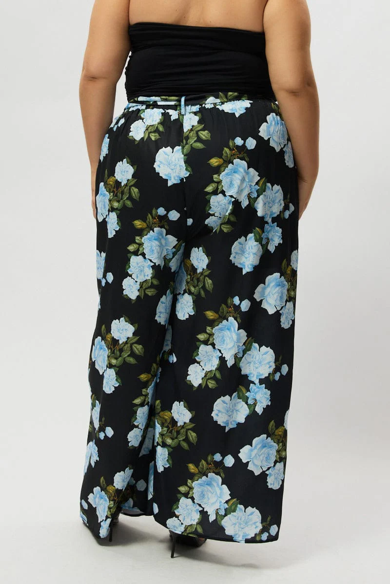 Black Floral Tie Waist Wide Leg Pants - Image 5