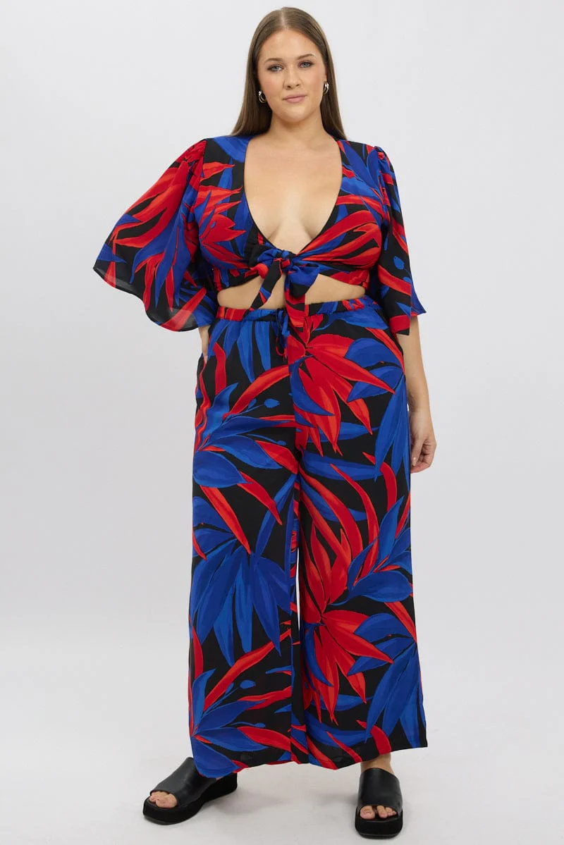 Black Floral Wide Leg Leaf Pants - Image 2