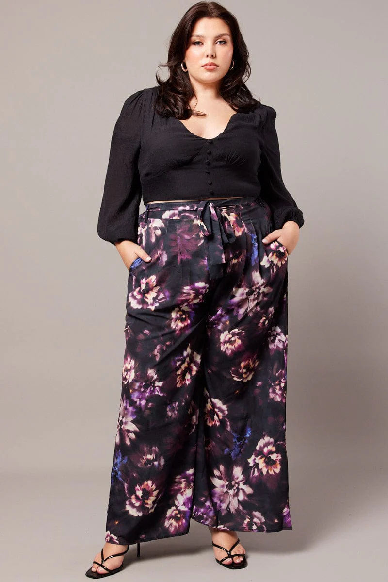 Black Floral Wide Leg Pants Belted - Image 2