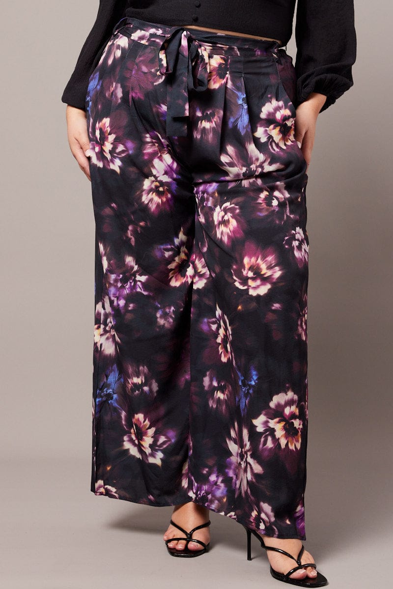 Black Floral Wide Leg Pants Belted - Image 3
