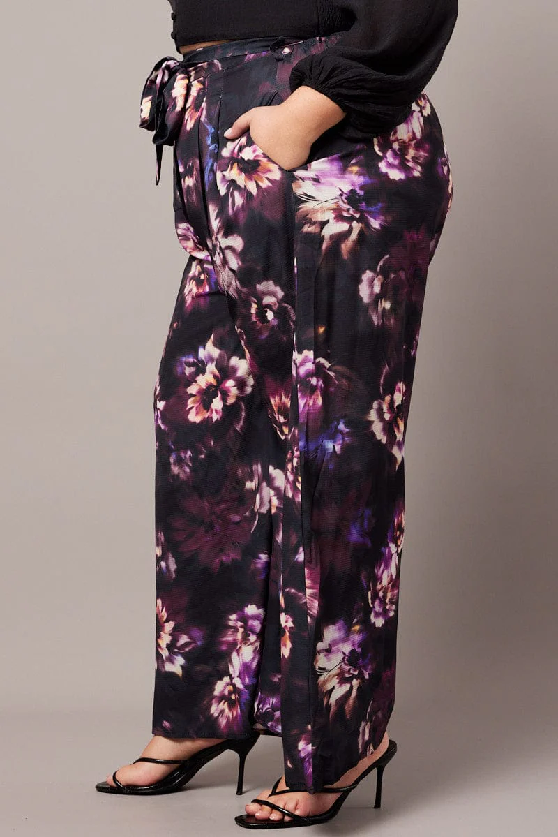 Black Floral Wide Leg Pants Belted - Image 4