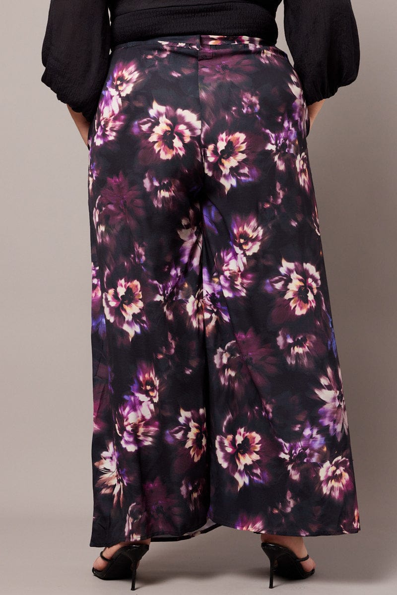Black Floral Wide Leg Pants Belted - Image 5