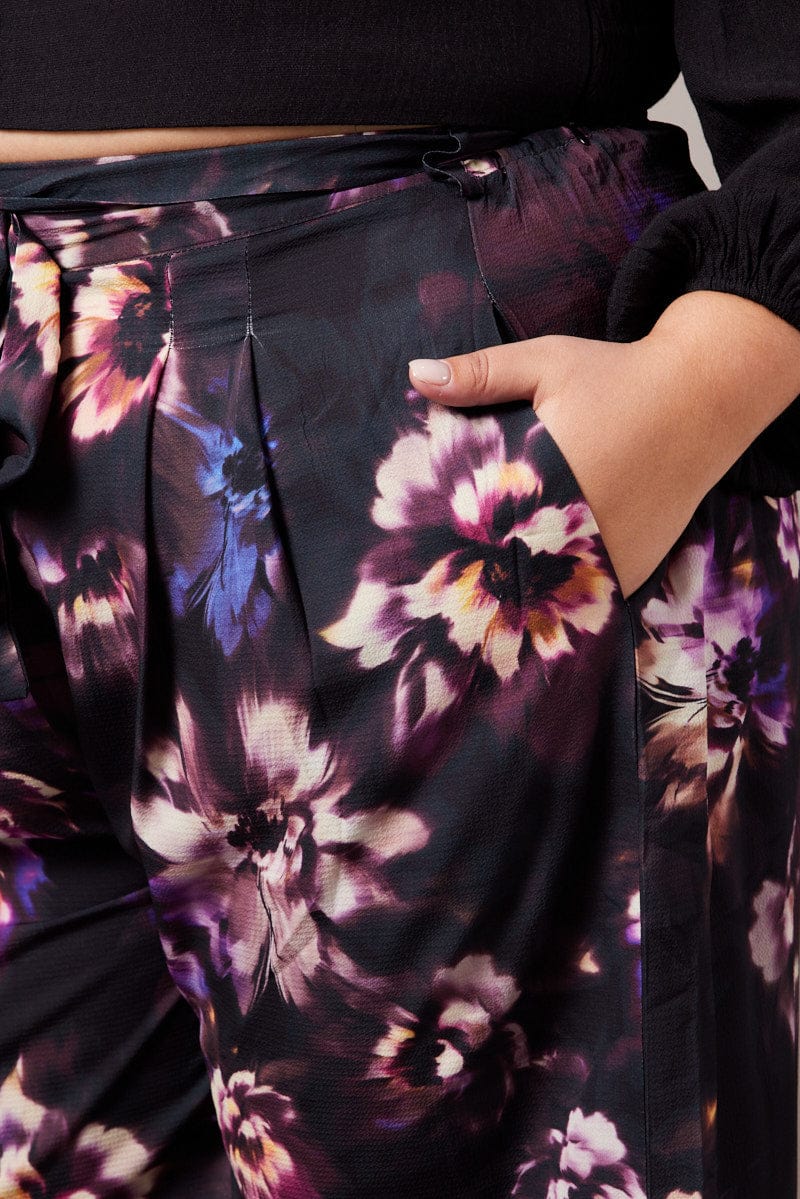 Black Floral Wide Leg Pants Belted - Image 6