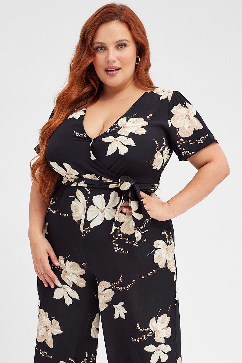 Black Floral Wideleg Jumpsuit Short Sleeve Wrapover Front - Image 2