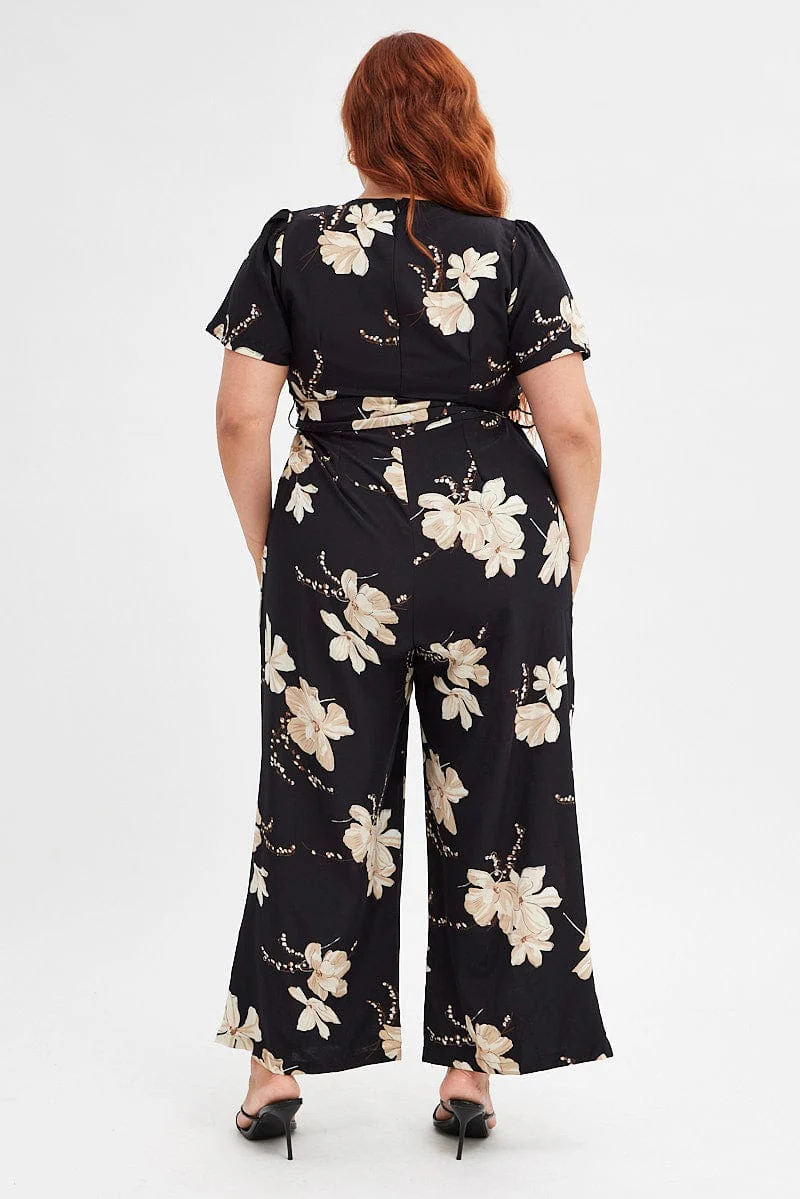 Black Floral Wideleg Jumpsuit Short Sleeve Wrapover Front - Image 5