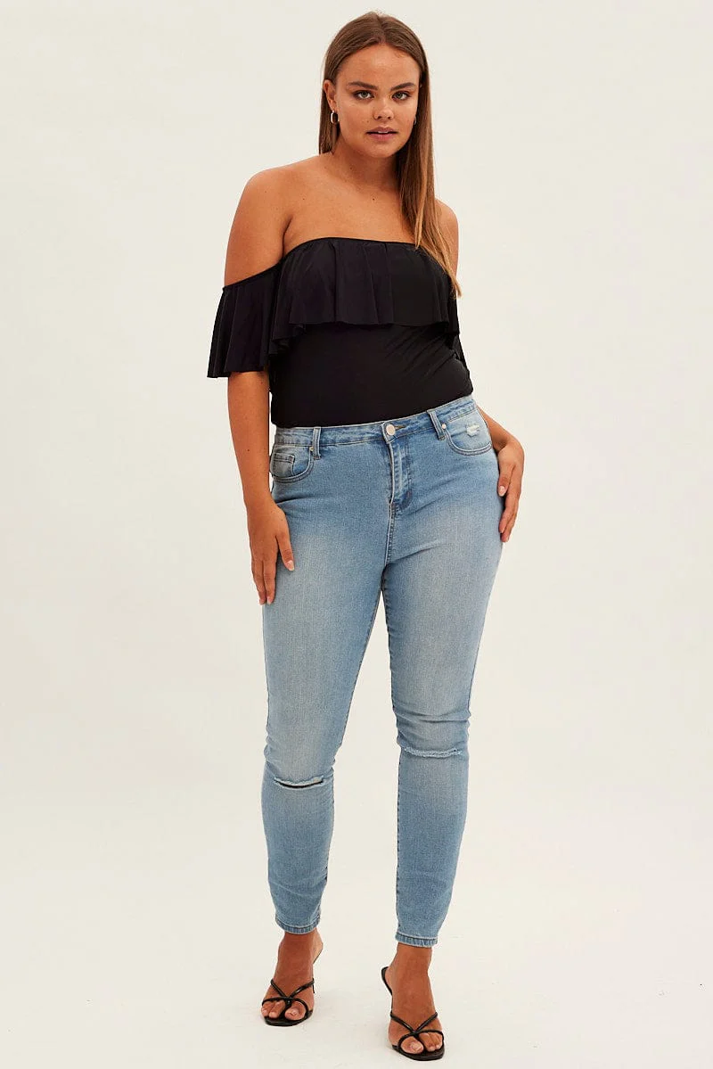 Black Frill Bodysuit Off Shoulder Frill Jersey - Image 3