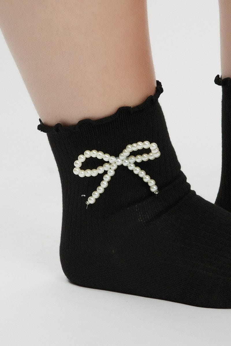 Black Frill Socks with Pearl Bow - Image 2