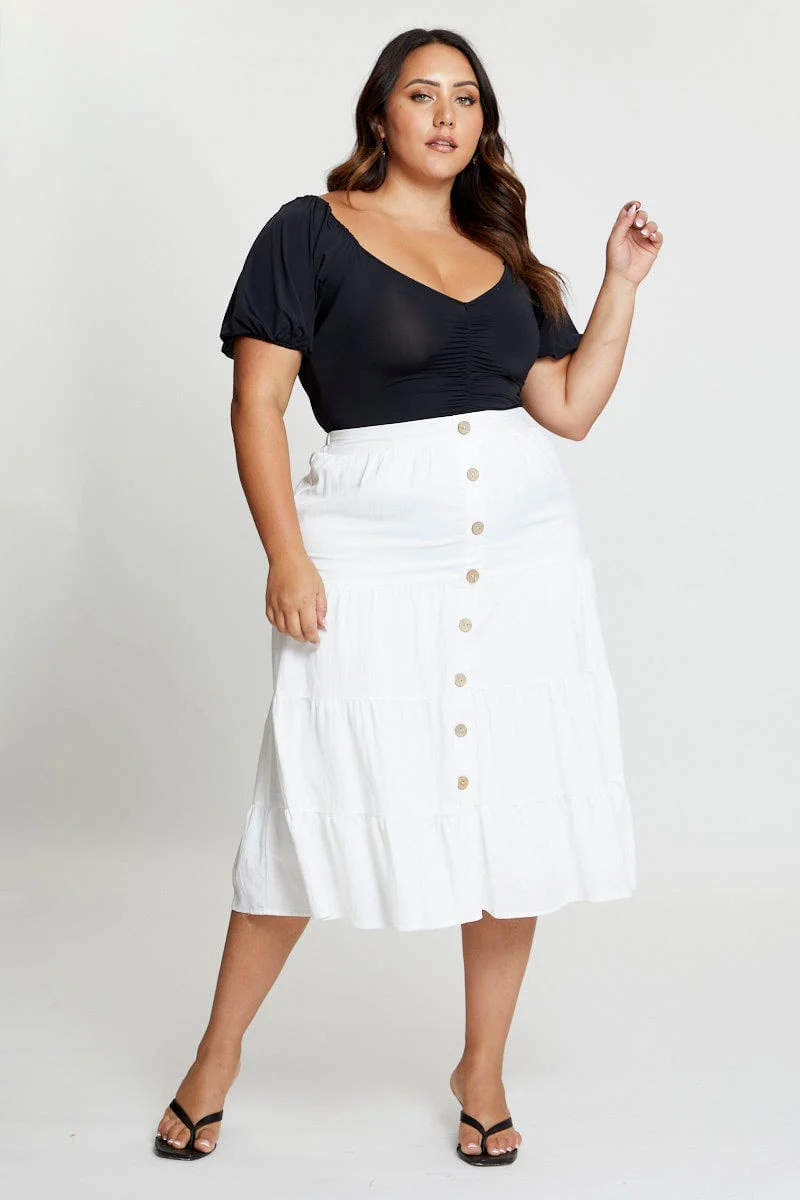 Black Front Bodysuit Puff Sleeve Jersey Ruched - Image 3