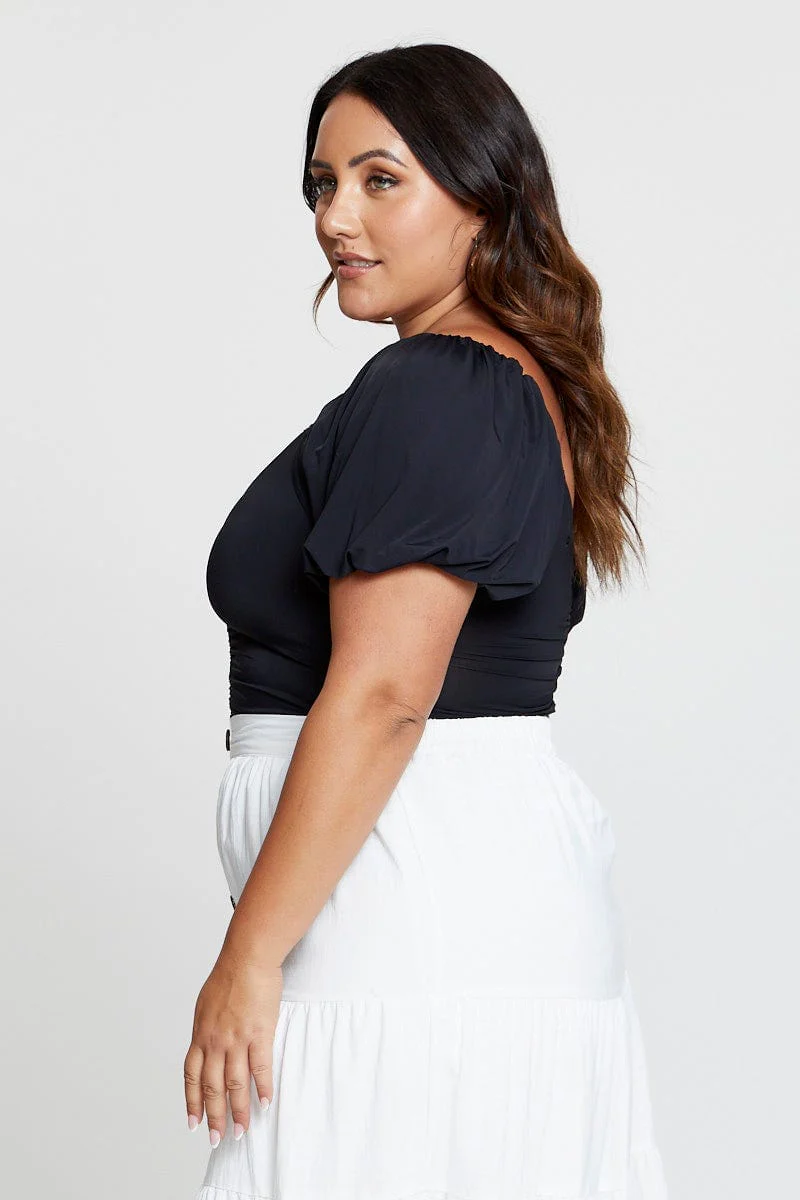 Black Front Bodysuit Puff Sleeve Jersey Ruched - Image 4