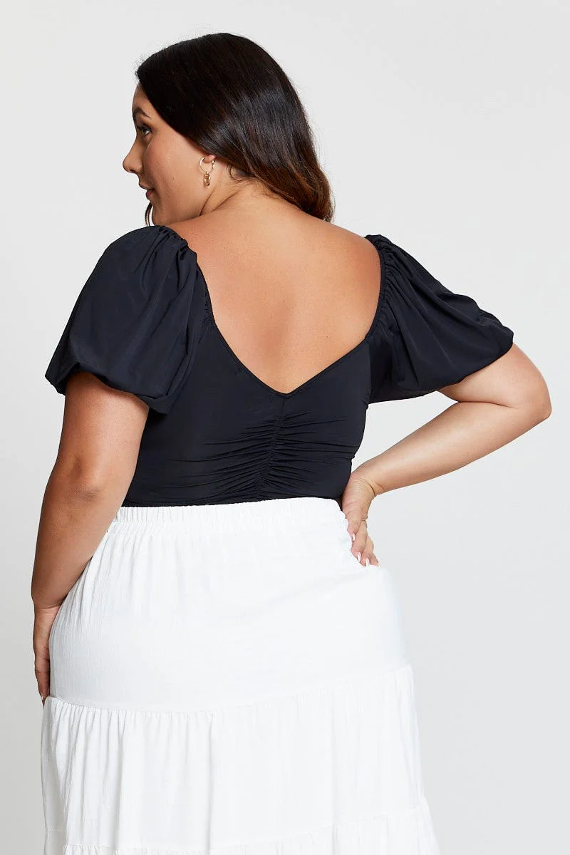 Black Front Bodysuit Puff Sleeve Jersey Ruched - Image 5