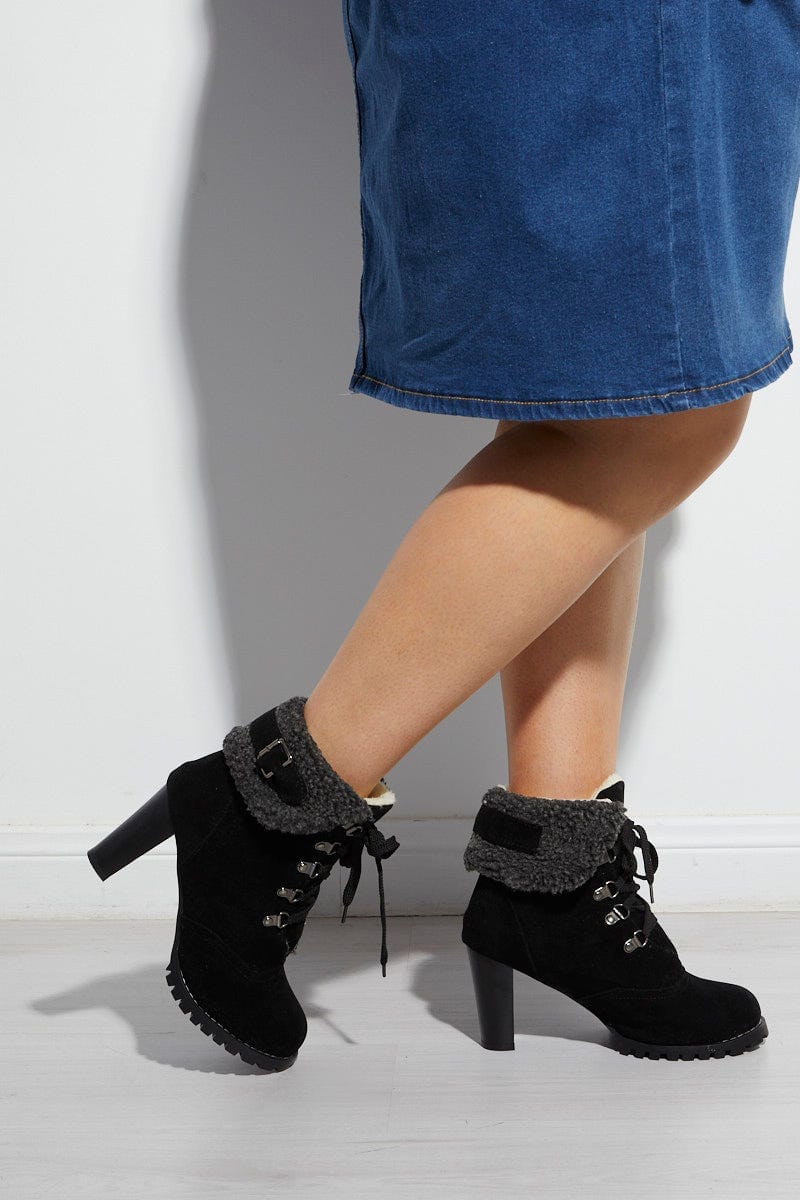 Black Fur Trim Heeled Hiking Boots - Image 2